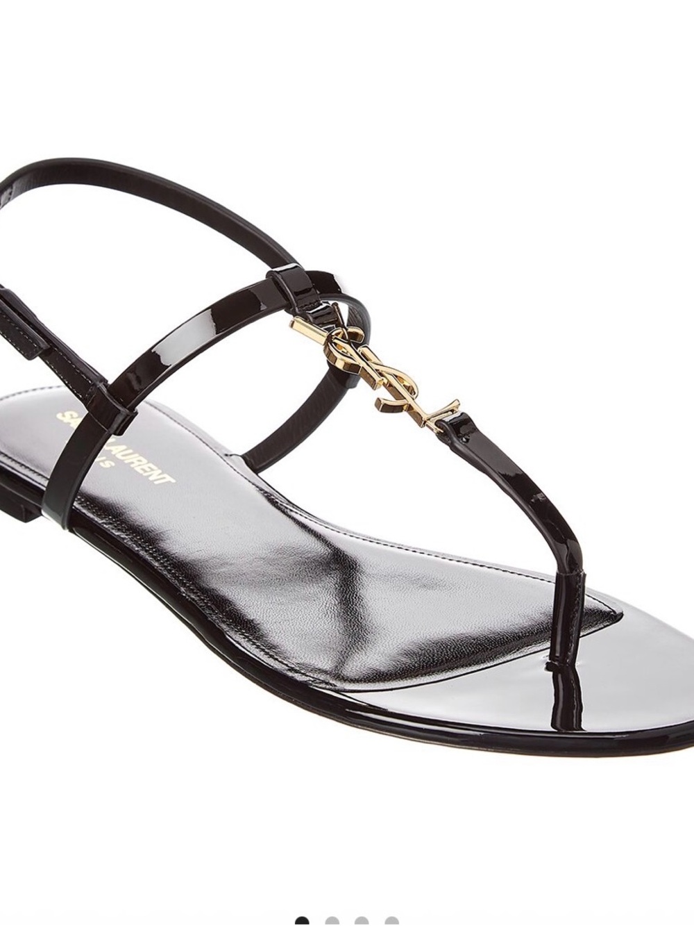 Saint Laurent Black Patent Leather T-Strap Sandal with Gold YSL Accent